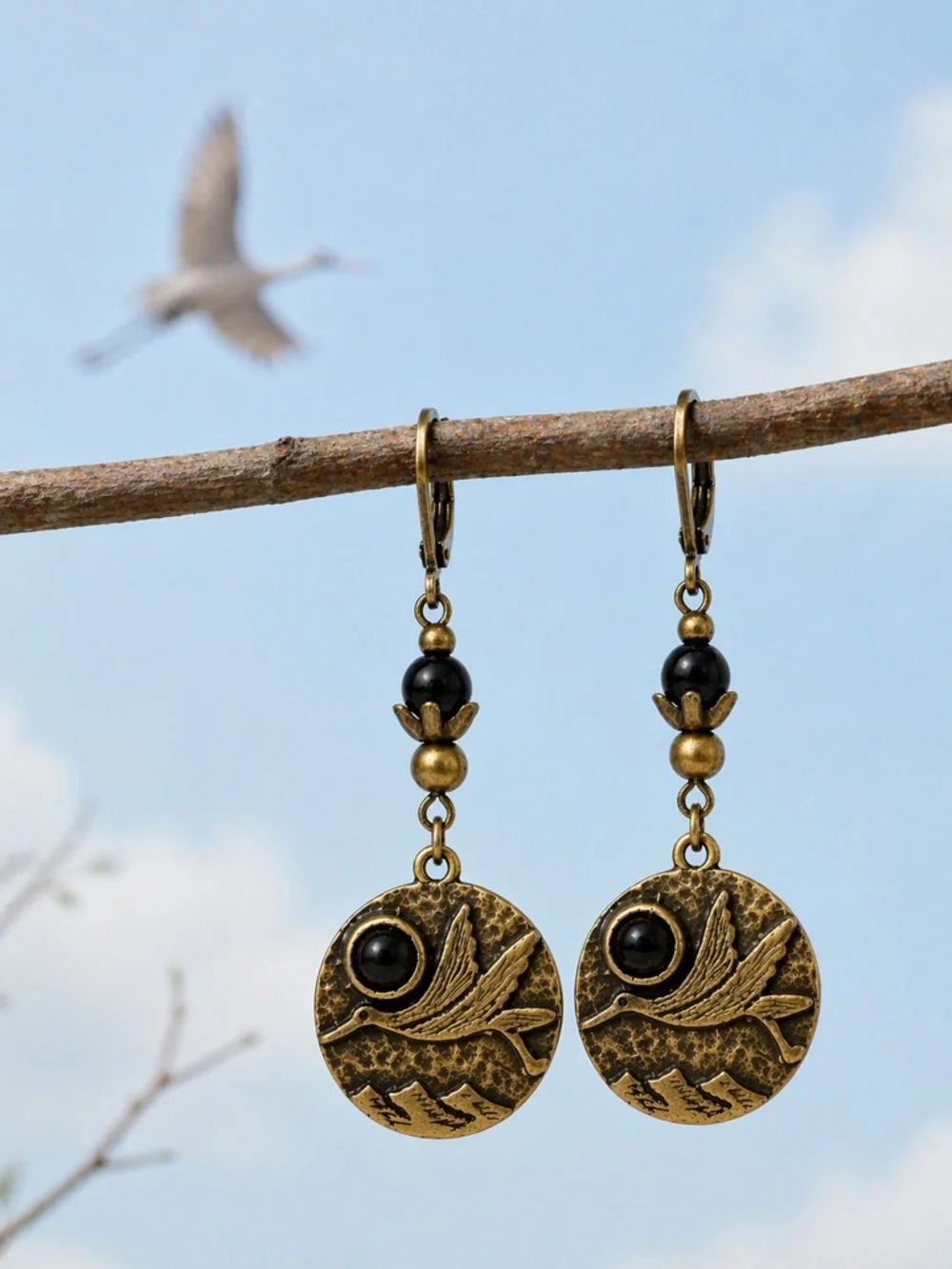 Antique Bronze Bird Earrings Black Stone Dangle Boho Lightweight - Picture 8 of 9